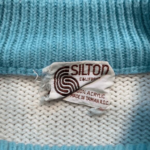 Vintage Alpine Goat Scenic Knit Sweater Cream Blue Mock Neck Unisex Ski Cabin - Picture 11 of 11